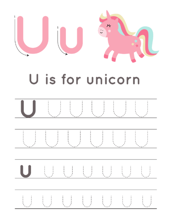 Letter U Alphabet Tracing Worksheet With Animal Illustration